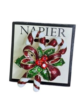 Napier Red, White & Green Candy Cane Holly Brooch